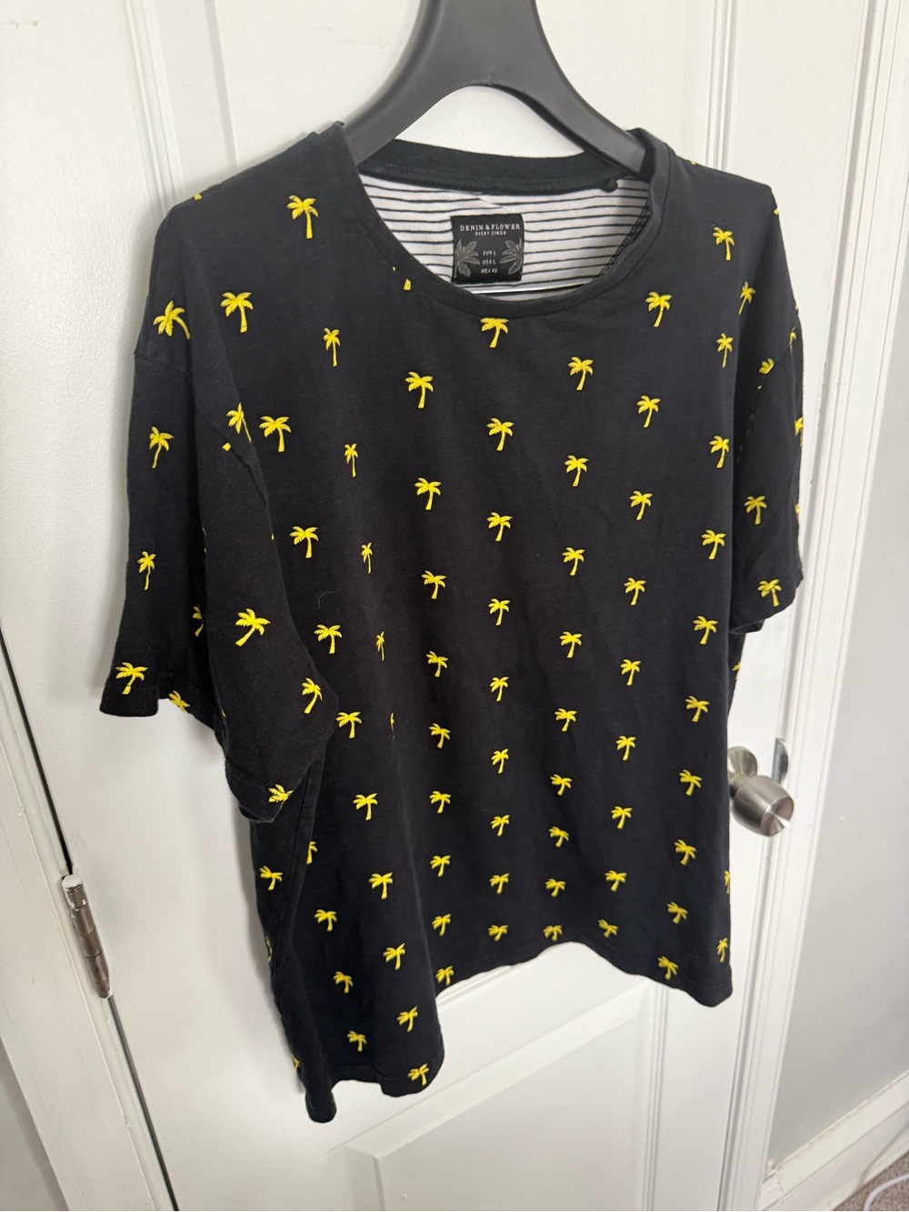 Denim & Flower Black Tee with Yellow Palm Motif